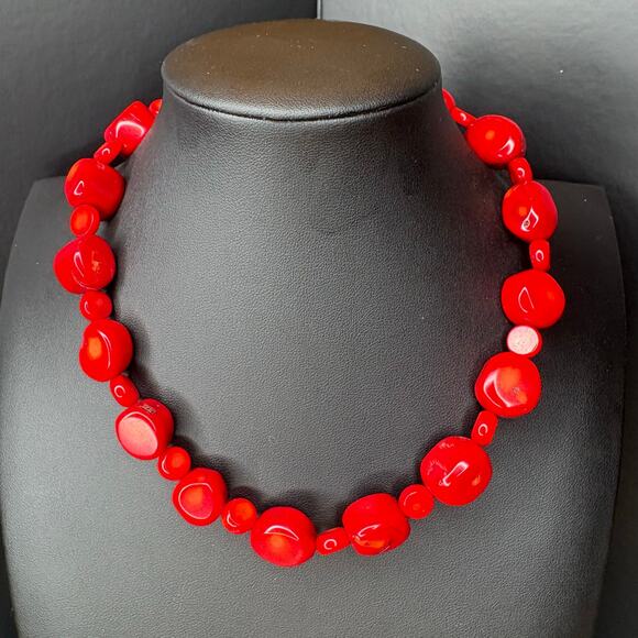 Chunky Red Bamboo Coral Necklace 13"/2" - Picture 1 of 4